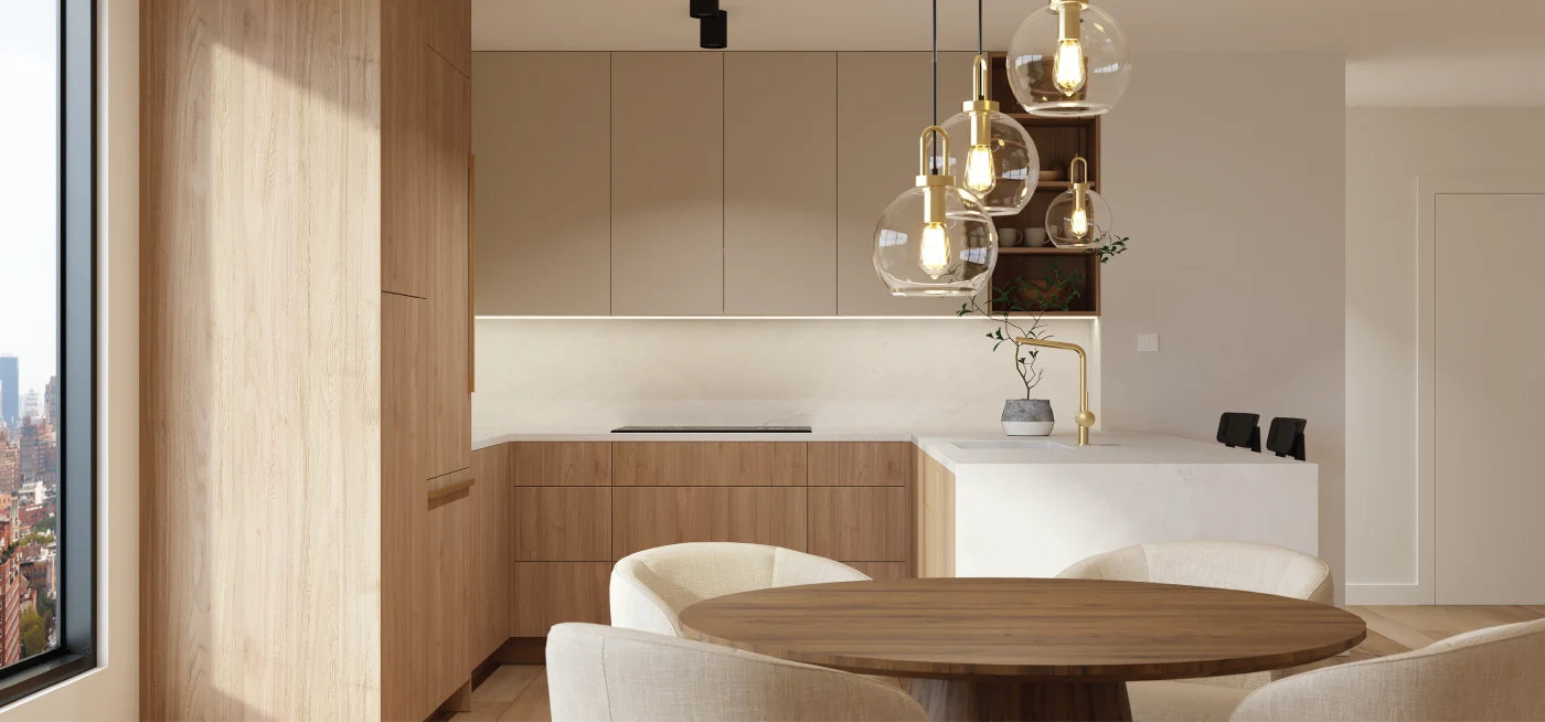 Fabuwood Illume Catalina Como Ash and Cashmere high-gloss slab door kitchen cabinets