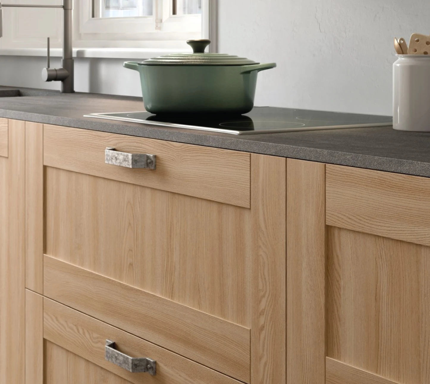 Fabuwood Illume Tuscany Ida shaker style kitchen cabinets with natural wood texture finish