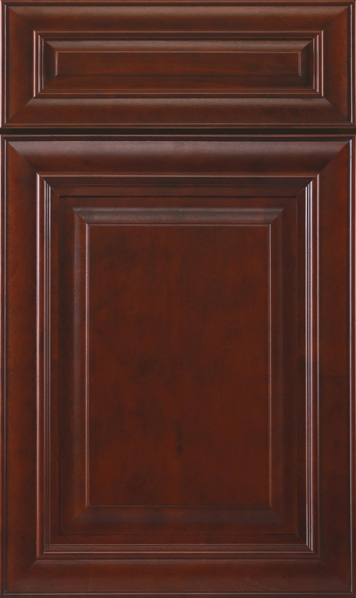 J&K Traditional Mahogany J5 maple kitchen cabinets with rich reddish-brown mahogany stain and formal traditional styling