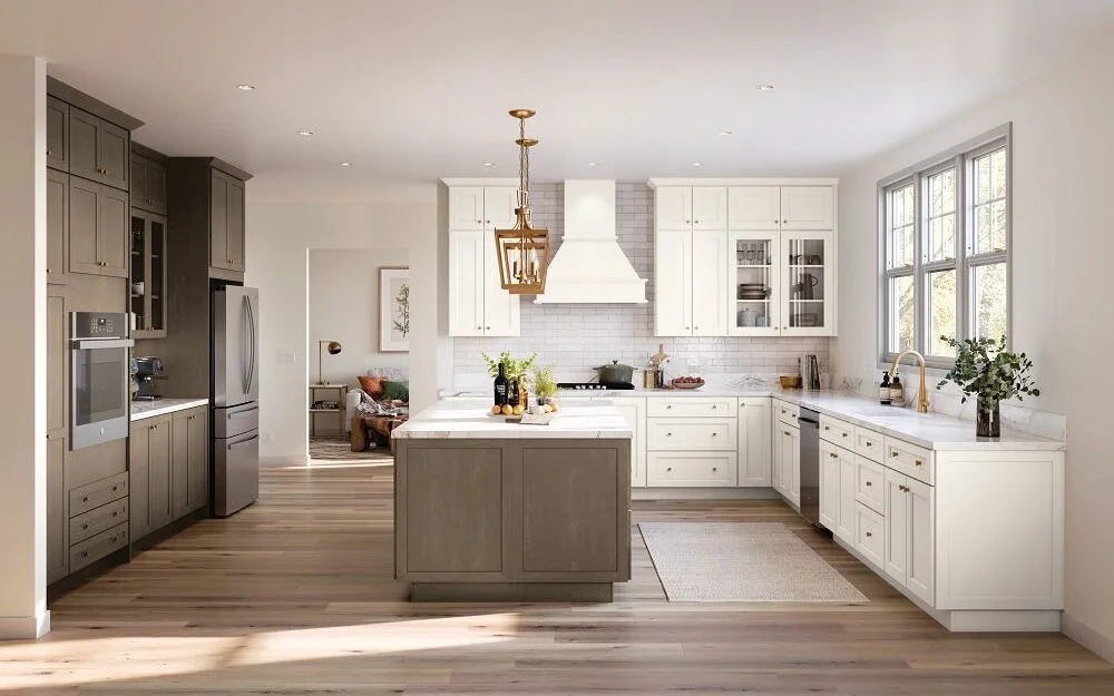 Mantra Spectra transitional kitchen cabinets showcasing bold 3-inch rails, full overlay design, and modern aesthetic with premium soft-close hardware