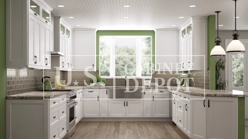 Homeowner reviewing US Cabinet Depot kitchen cabinet designs online