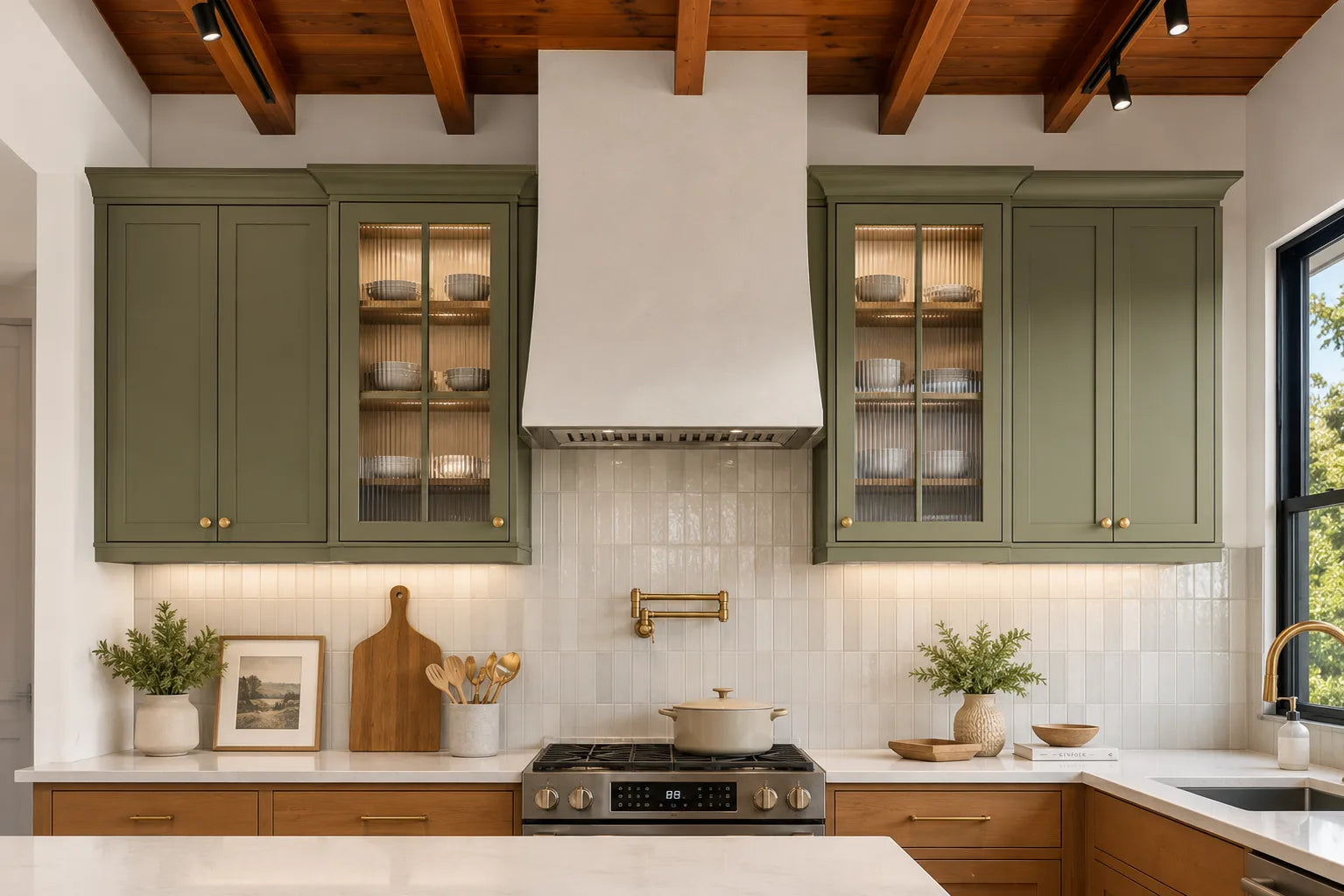 Two-tone kitchen with light cabinets, marble backsplash, and bar seating