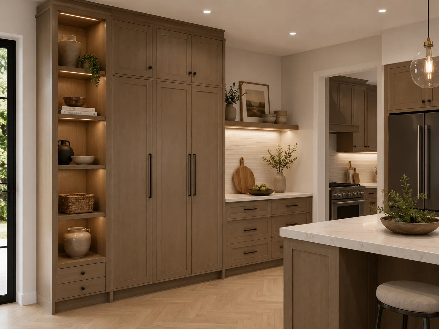Soft white kitchen with open shelving and a stone waterfall island