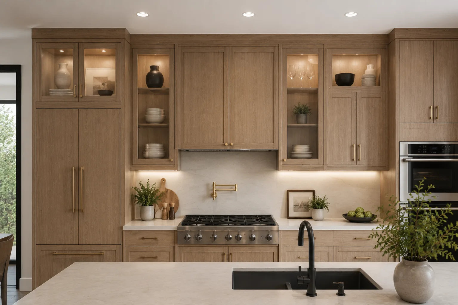 Modern wood-tone kitchen with a quartz island and pendant lighting