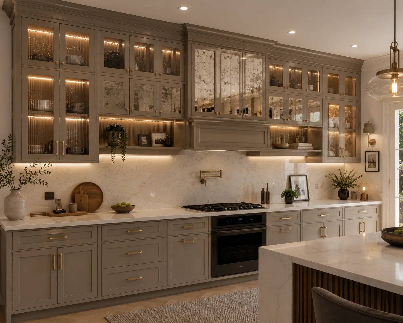 Luxury kitchen with built-in storage and a statement island