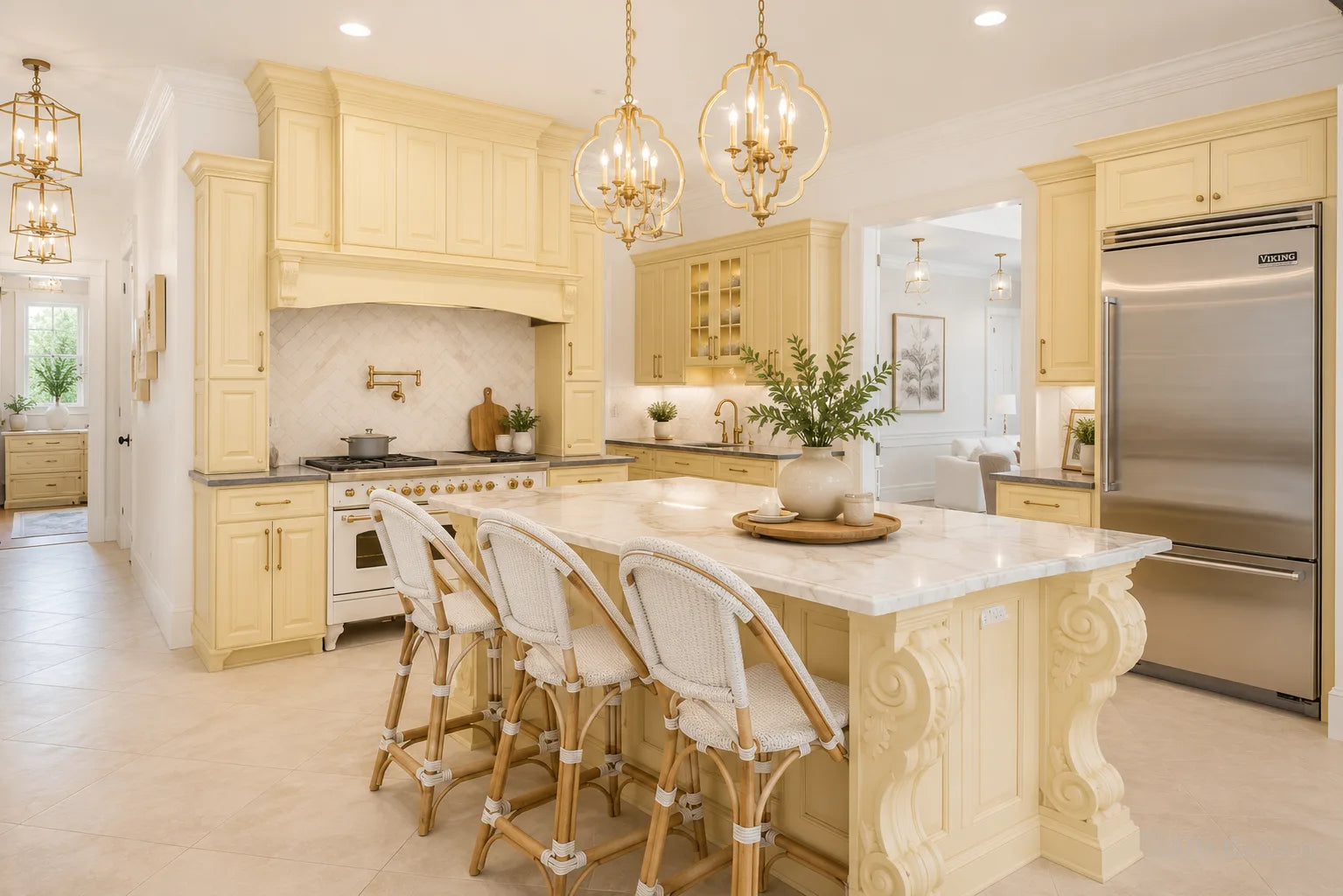 Classic kitchen with warm cream cabinets and a marble island